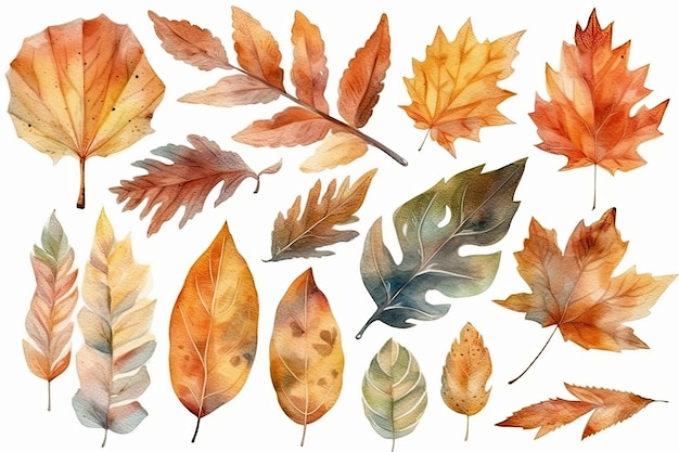 Photo colorful array of autumn leaves isolated on a white background generative ai