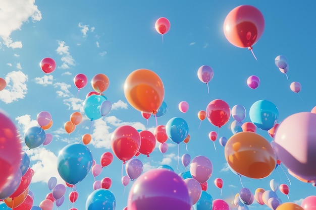 A colorful array of balloons against a blue sky oc