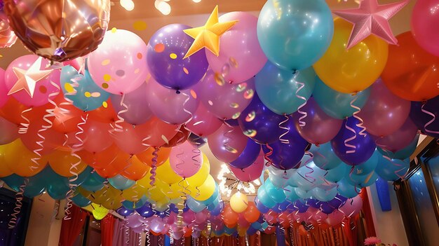 A colorful array of balloons and stars hang from the ceiling creating a festive atmosphere