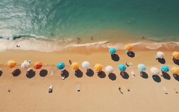 A colorful array of beach chairs and umbrellas on a sandy beach AI