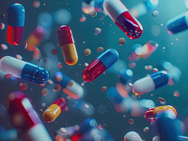 Photo a colorful array of capsules float dynamically in a 3drendered environment symbolizing medical treatment and pharmaceutical innovation innovation health drugs therapy prescription vitamins