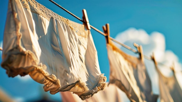 晴れた日,屋外の洗線で柔らかくれる色とりどりのリネンと洗物の配列
