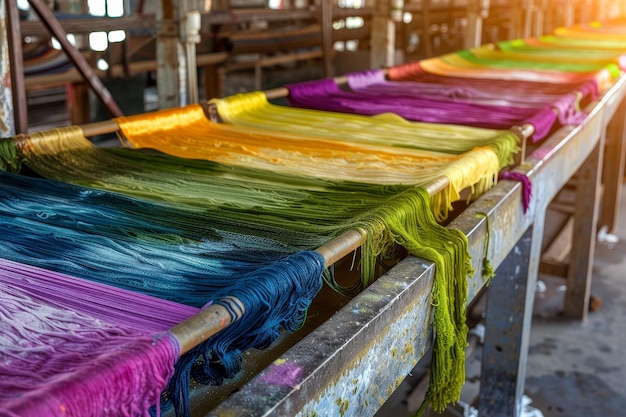 Photo a colorful array of fabrics hangs on a line