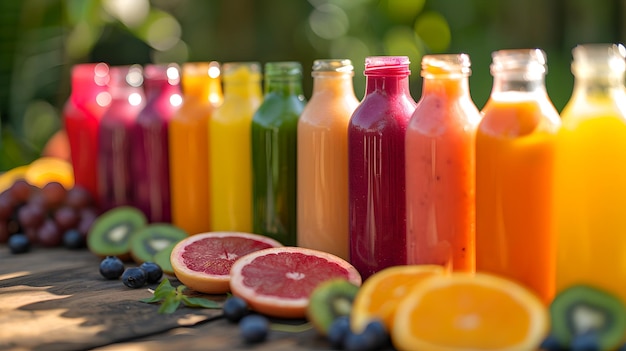 Foto una colorata gamma di succhi di frutta freschi in bottiglie trasparenti in una giornata di sole vari sapori concept di stile di vita sano vibrante refresco estivo display ai