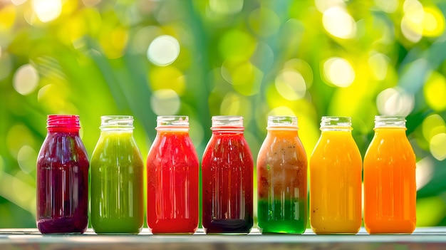 Colorful array of fresh fruit juices in glass bottles set against a blurred green background Natural and vibrant ideal for healthy lifestyle themes AI