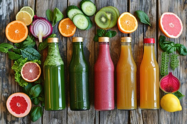 Colorful Array of Fresh Fruit Juices with Ingredients on Wooden Surface