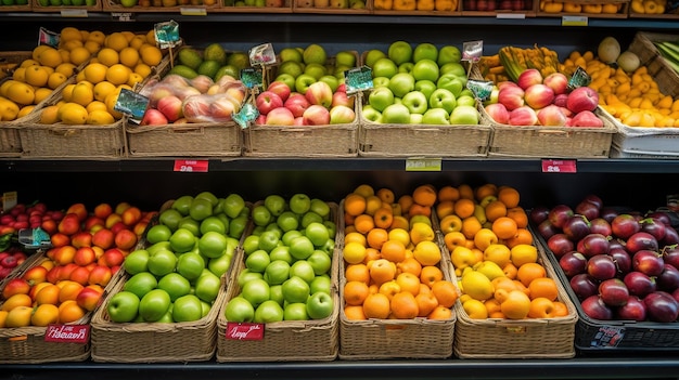 Красочная коллекция свежих фруктов на выставке в местном овощном магазине Generative AI