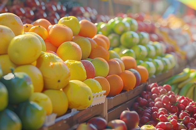 시장 에 있는 다채로운 신선 한 과일 들