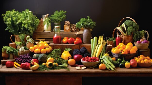 the colorful array of fresh fruits vegetables and greens on display at a bustling farmer's market The scene brims with the natural richness of locally sourced produce