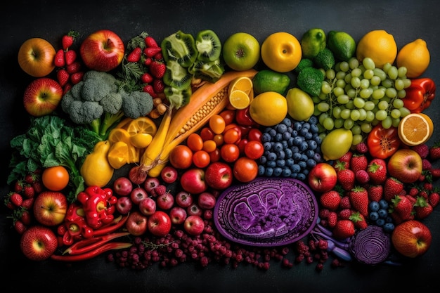 Colorful array of fresh fruits and vegetables on a wooden cutting board Generative AI