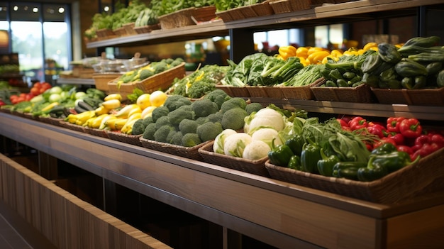 Colorful array of fresh vegetables on display in a crowded grocery store produce section