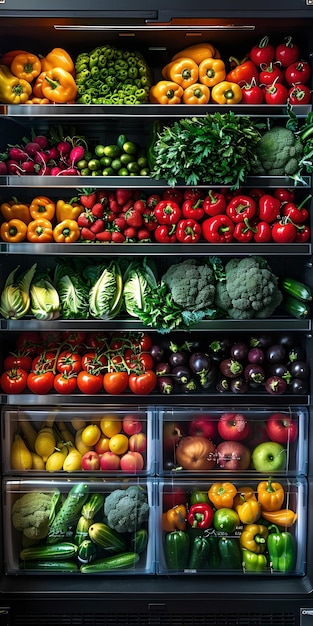 Colorful array of fresh vegetables and fruits in a fridge organized shelves of healthy food vibrant refrigerator interior with assorted produce perfect for nutrition concepts AI