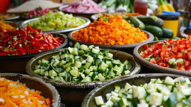 A colorful array of freshly chopped vegetables waiting to be stirfried into a fragrant curry masterpiece