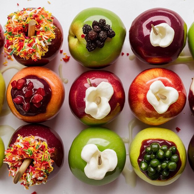 Foto una varietà colorata di mele caramellate gourmet con vari condimenti