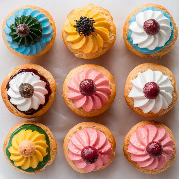 Colorful array of gourmet cream puffs with flavored creams