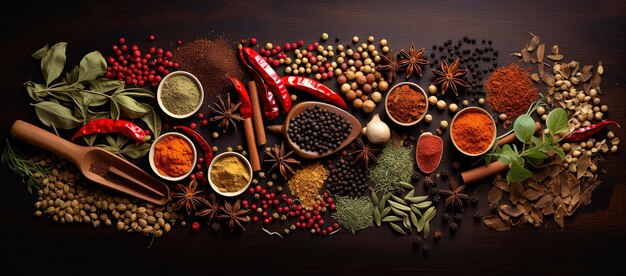 a colorful array of herbs and spices in the style of dark bronze and red