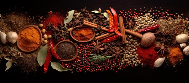 a colorful array of herbs and spices in the style of dark bronze and red