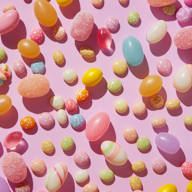 Photo a colorful array of jelly beans and other easter candies spread out on a pastel background