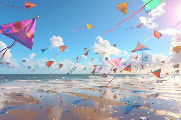 A colorful array of kites flying on a beach