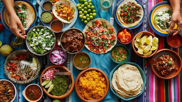 Photo colorful array of mexican dishes including tacos salsas and chilis on a festive tablecloth