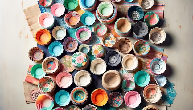 Colorful array of patterned cupcake liners on wooden surface