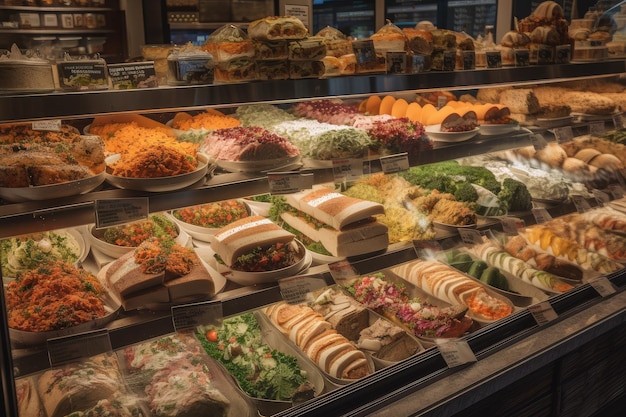 Colorful array of sandwiches and wraps on display in deli case