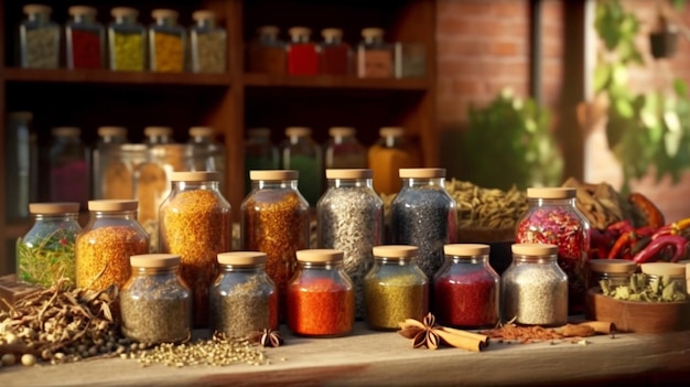 A colorful array of spices and herbs in rustic containers