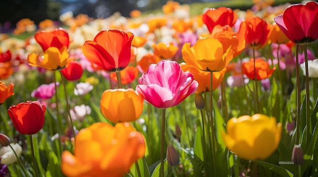 A colorful array of spring tulips in a garden