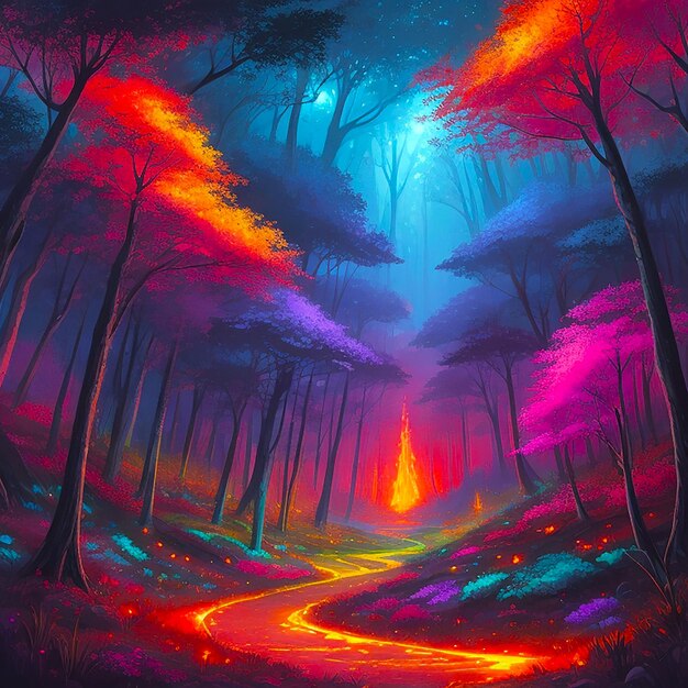 Colorful art fantasy landscape with a forest generated by ai