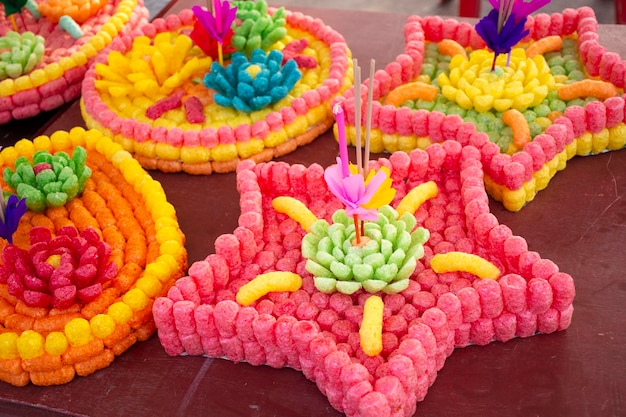 Colorful art fish food floating or buoyant for thai people select buy and into river canal and pond for forgiveness from the Goddess of water or Ganges angel in The Loy Krathong Festival in Thailand