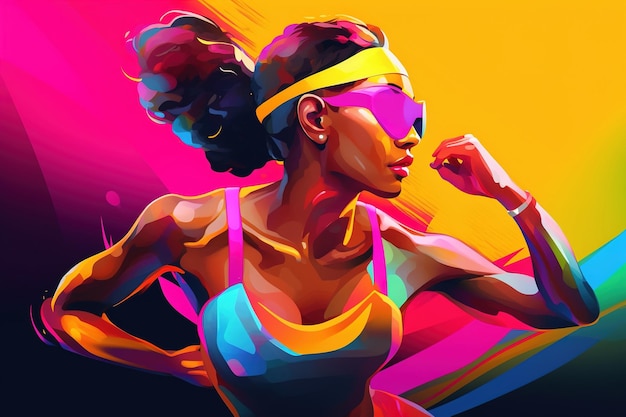 Colorful art illustration of black female athlete in glasses on an abstract color background sports and fitness Generative AI