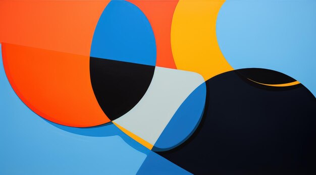 A colorful art piece with black white and blue circles