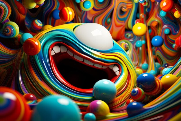 Photo colorful art work with large mouth and many balls generative ai