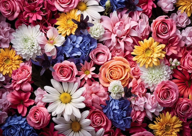 Colorful artificial flowers as background top view Floral pattern