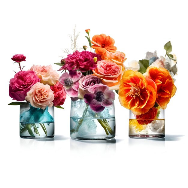 Premium AI Image Colorful artificial flowers in glass vases isolated on white background