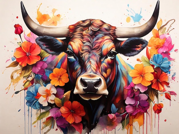 Colorful Artistic Bull Portrait Surrounded by a Burst of Vibrant Flowers