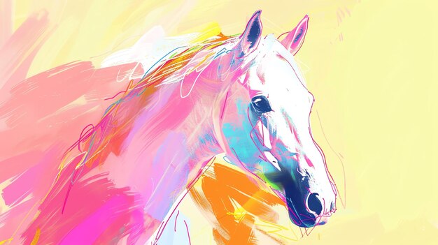 Photo colorful artistic painting of a horses head in profile with a pink mane and blue and yellow accents against a pale yellow background