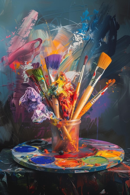 Colorful artists palette and paintbrushes in bright studio lighting