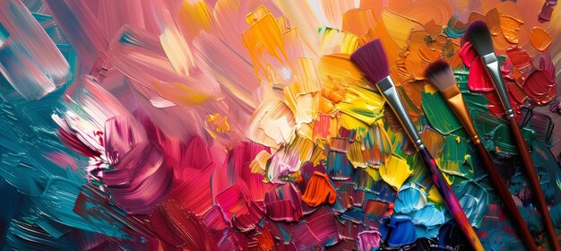 Foto palette artistiche colorate e pennelli in un'illuminazione luminosa dello studio