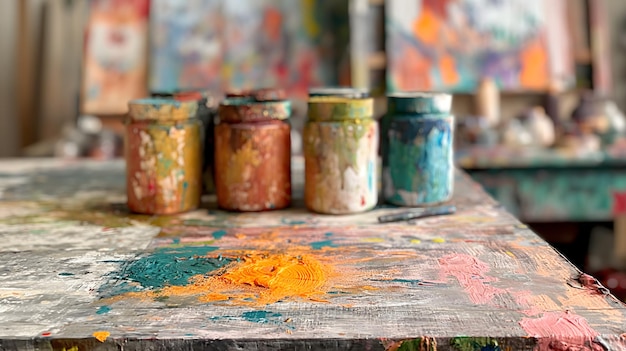 Colorful Artists Workspace with Paint and Brushes