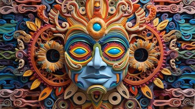 A colorful artwork with a face and eyes.