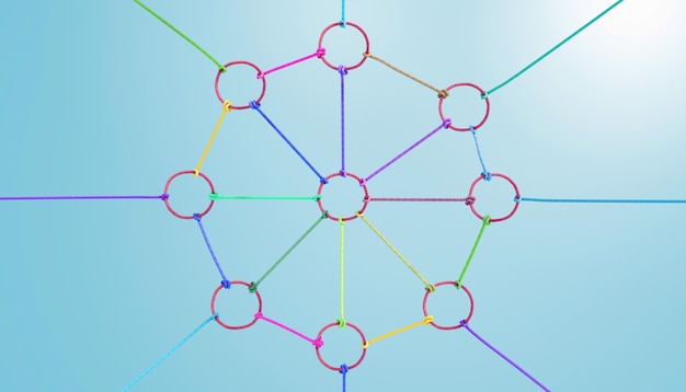 함께 연결된 다양한 로프로 다채로운 팀워크 협업 및 파트너십의 개념 또는 은유 성공적인