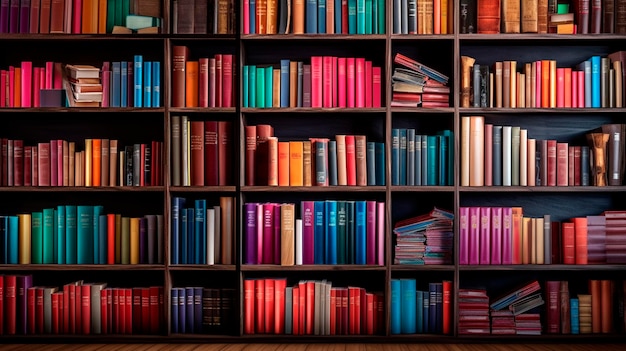 Foto libri vari e colorati sullo scaffale della biblioteca come concetto di letteratura ai generativa