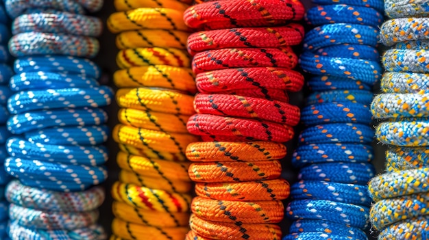 Colorful Assorted Climbing Ropes Displayed in a Store for Outdoor Sports and Recreation Activities