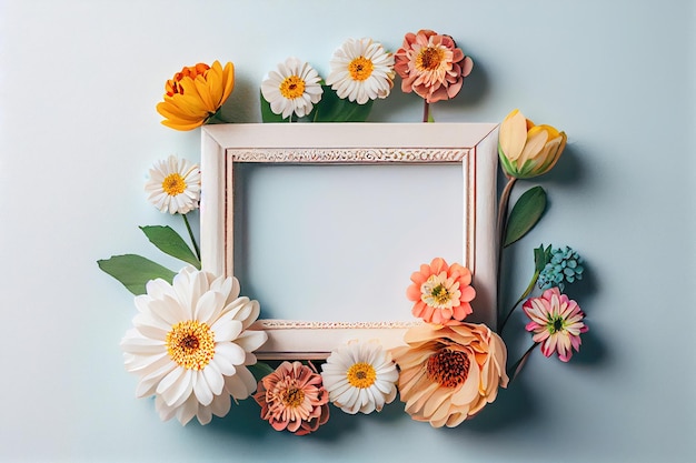 Colorful assorted flower border frame on white background mockup copy space made with generative AI