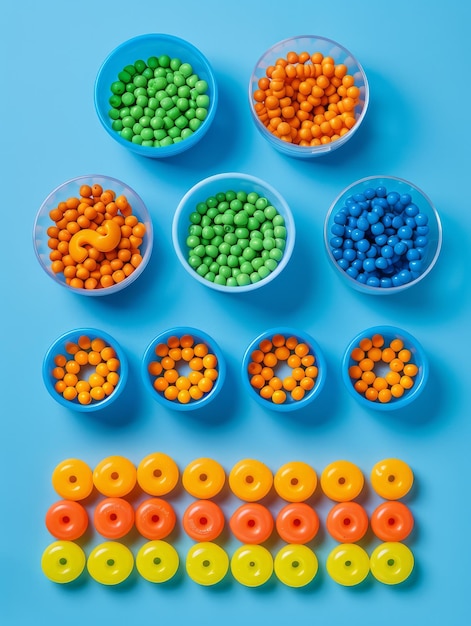 Photo colorful assortment of beads and cheerios in various sizes and colors arranged in clear bowls laid