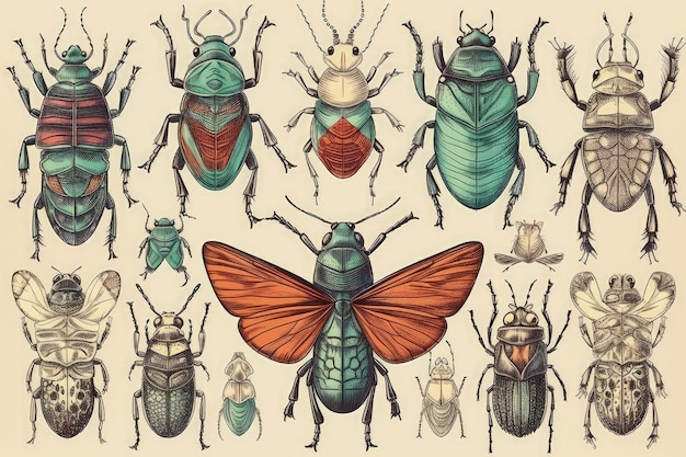 Colorful assortment of bugs on a plain white background Generative AI