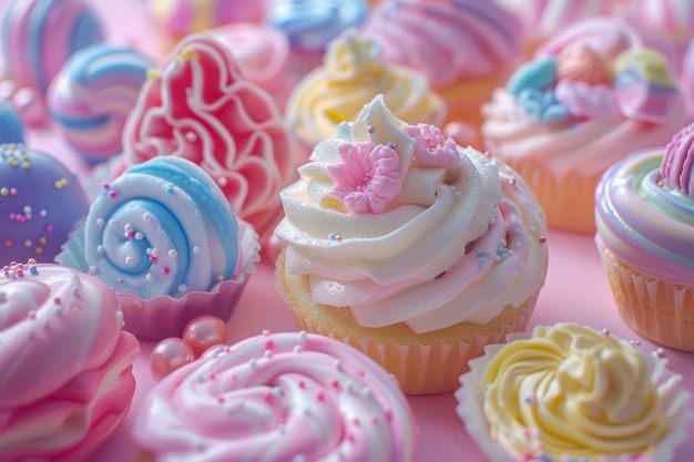 Colorful Assortment of Decorated Cupcakes with Icing and Sprinkles on a Pink Background