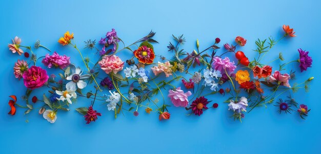 Photo colorful assortment of flowers on blue background