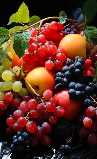 A colorful assortment of fresh fruit on a rustic wooden table A close up of a bunch of fruit on a table